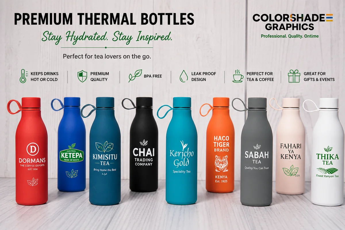 A row of insulated thermal bottles in different colours, each printed with a company logo
