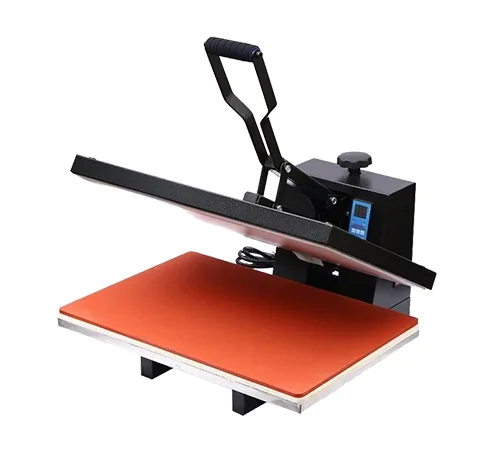 Flatbed heat press open showing the platen